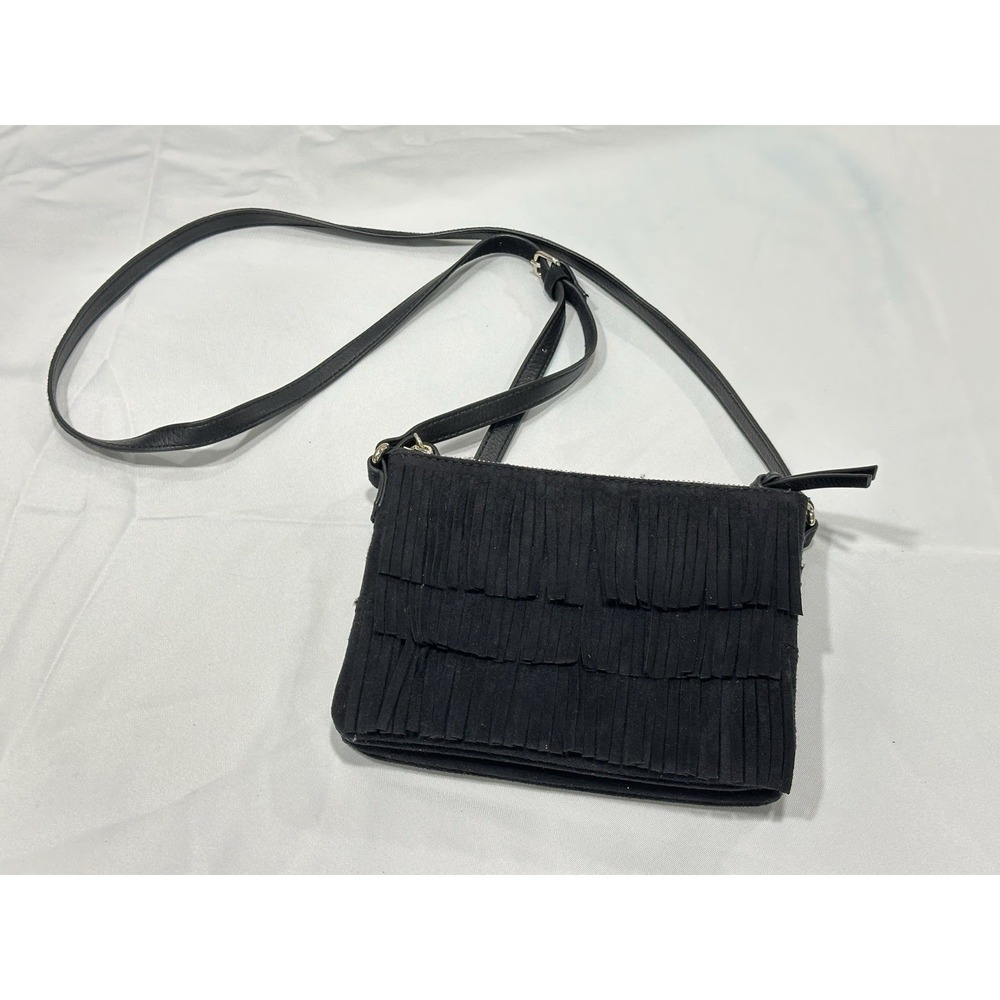 Black Fringe Shoulder Strap Purse with Gold Hardware Boho Western Chic EUC